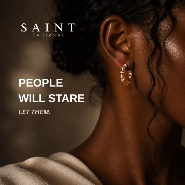 People will stare. Let them. — model wearing Saint Collection gold hoop earrings