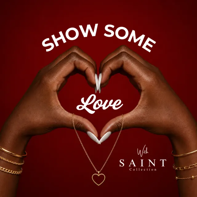 Show Some Love with Saint Collection — hands forming a heart around a gold heart necklace