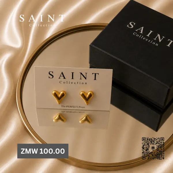 Gold puffed heart studs on a Saint Collection card